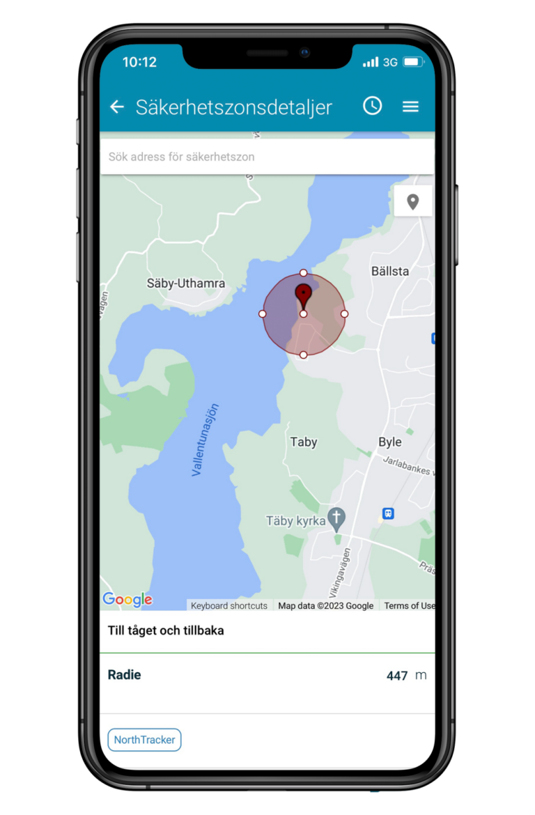 En bild på en mobil som visar NorthTrackers stöldskydd. Här visas en skärmdump på en aktiv säkerhetszon/geofence.