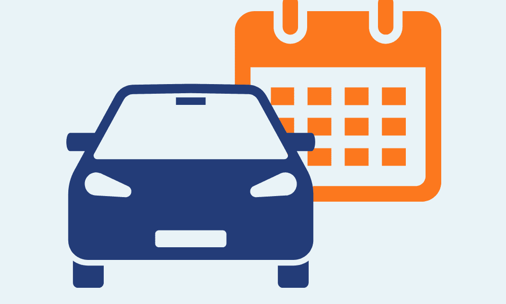 En animerad blå bil med en orange kalender