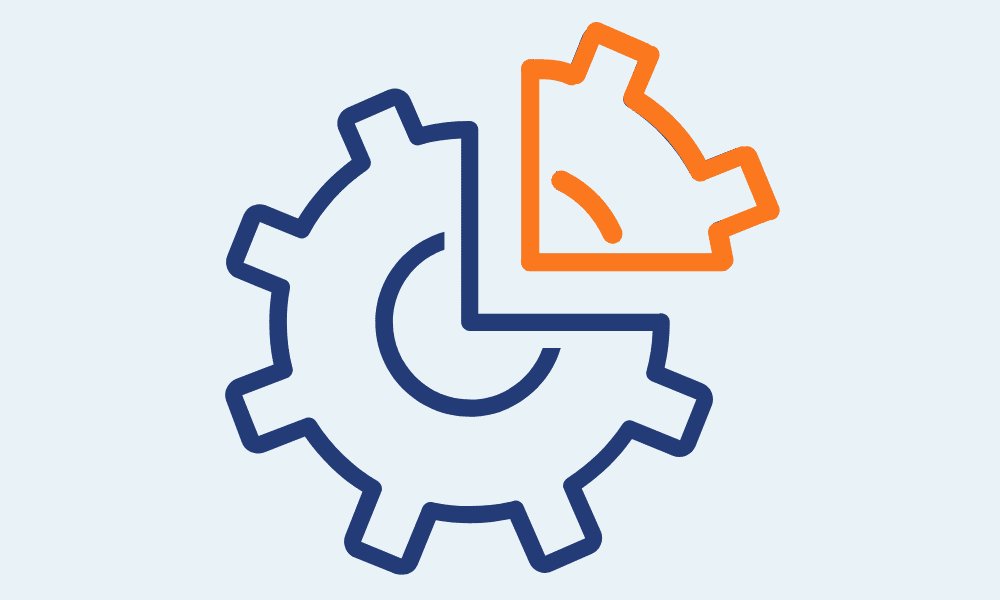 Animerad bild: Ett inställningshjul som ska illustrera Integration. Hjulet består av två delar, en mörkblå stor del och en liten del som orange. Symboliserar ett kugghjul.