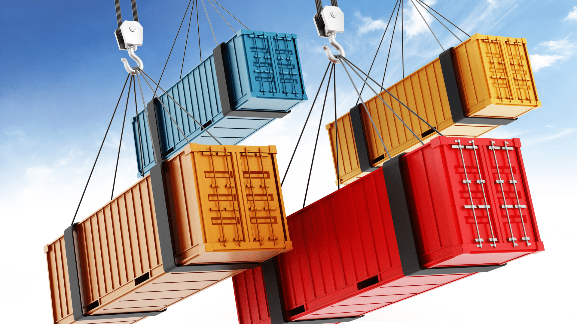Bild: Fyra kranar som flyttar containrar. Syfte: Illustrera att man kan spåra och skydda en container med NorthTracker stöldspårning.