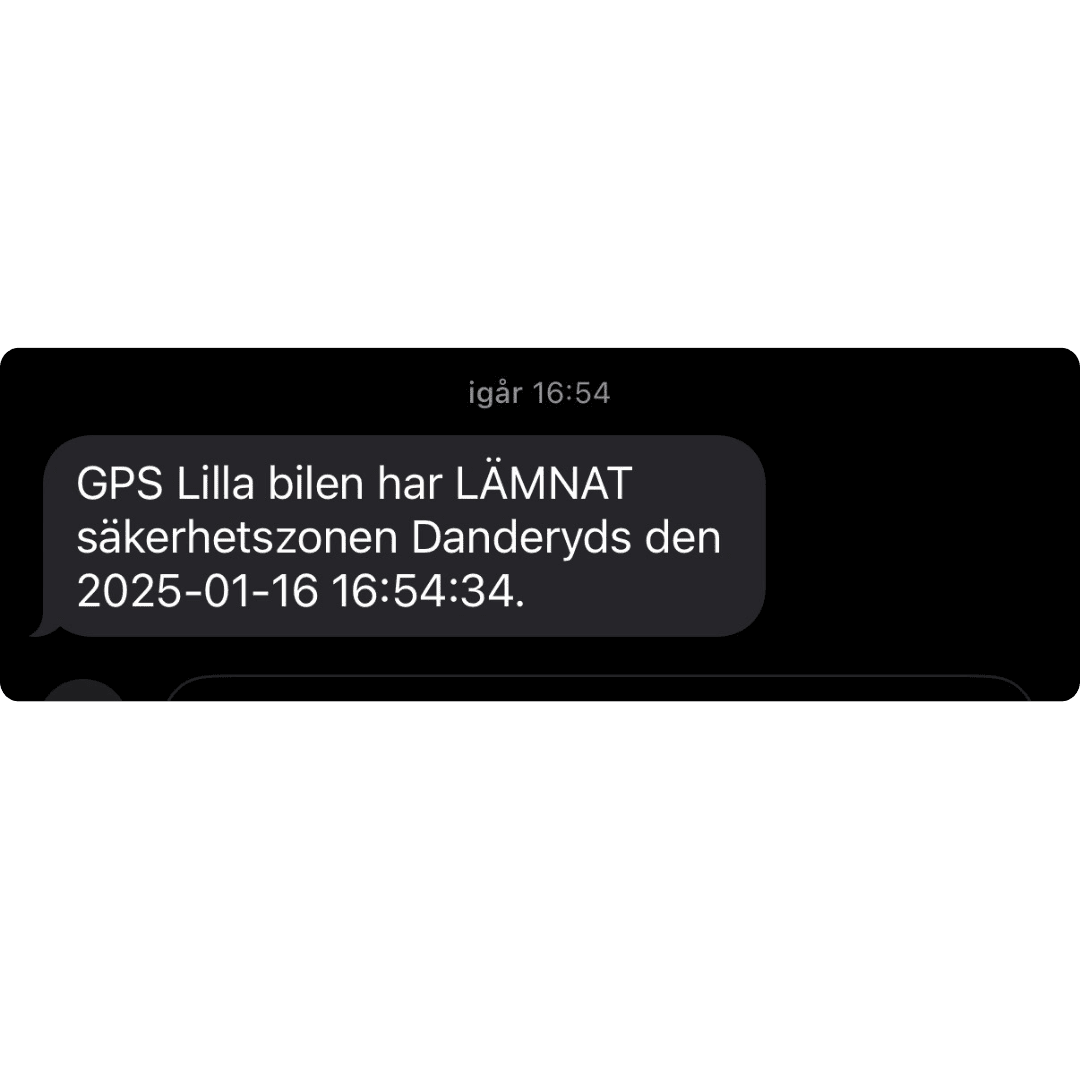 Exempel på ett larm-SMS från NorthTrackers system